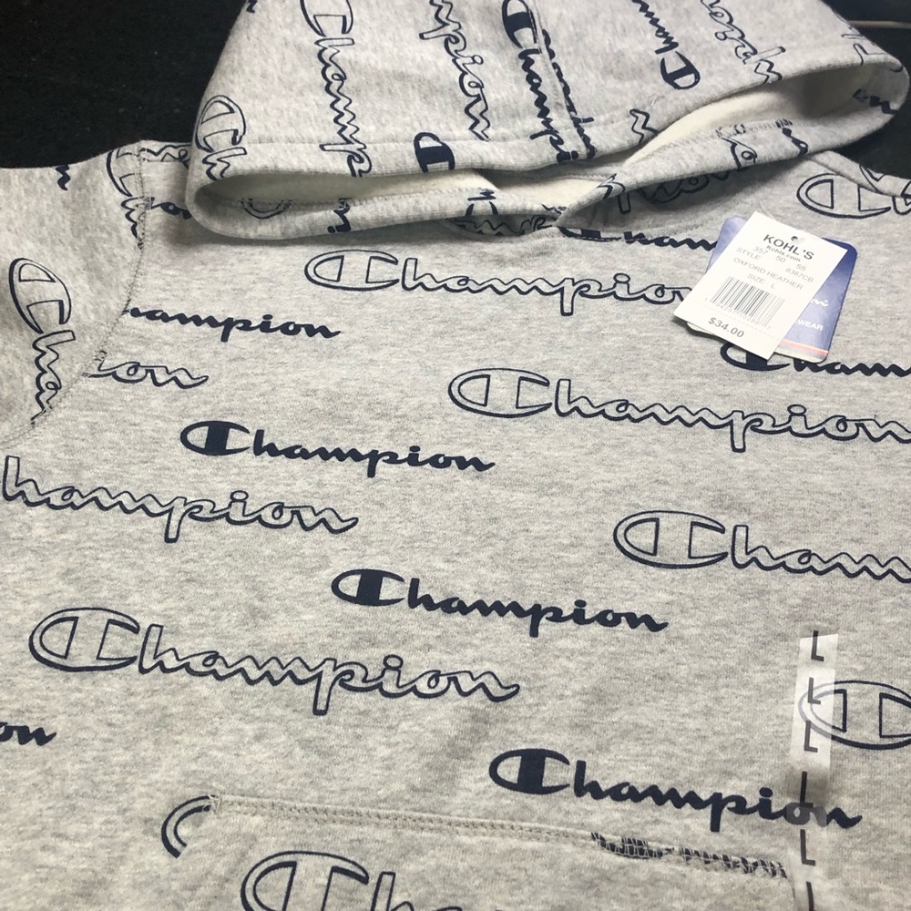 Champion hoodie pullover graphic sweatshirt unisex size small gray, black print